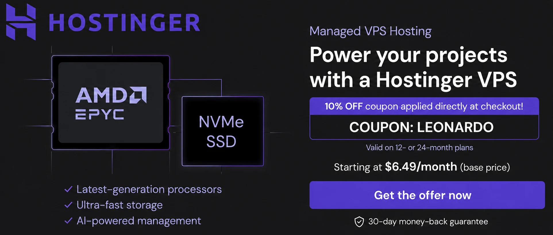 Hostinger managed VPS hosting offer starting at $6.49 per month with coupon LEONARDO
