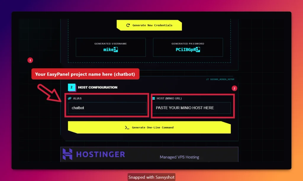 Install Typebot on a VPS by entering the MinIO alias and host
