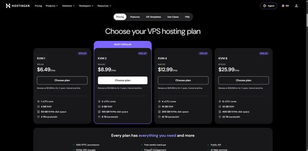 Install Typebot on a VPS by choosing a Hostinger KVM hosting plan