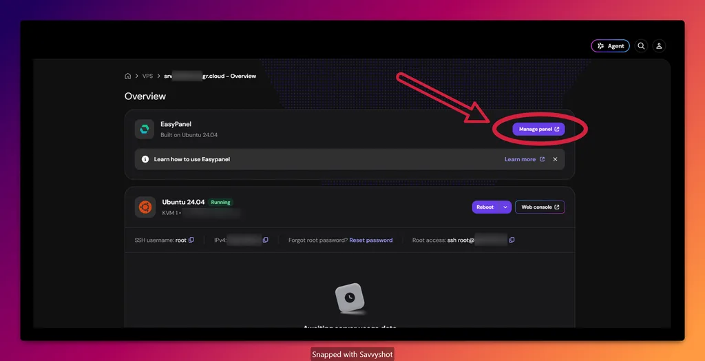 Install Typebot on a VPS by opening the EasyPanel management dashboard