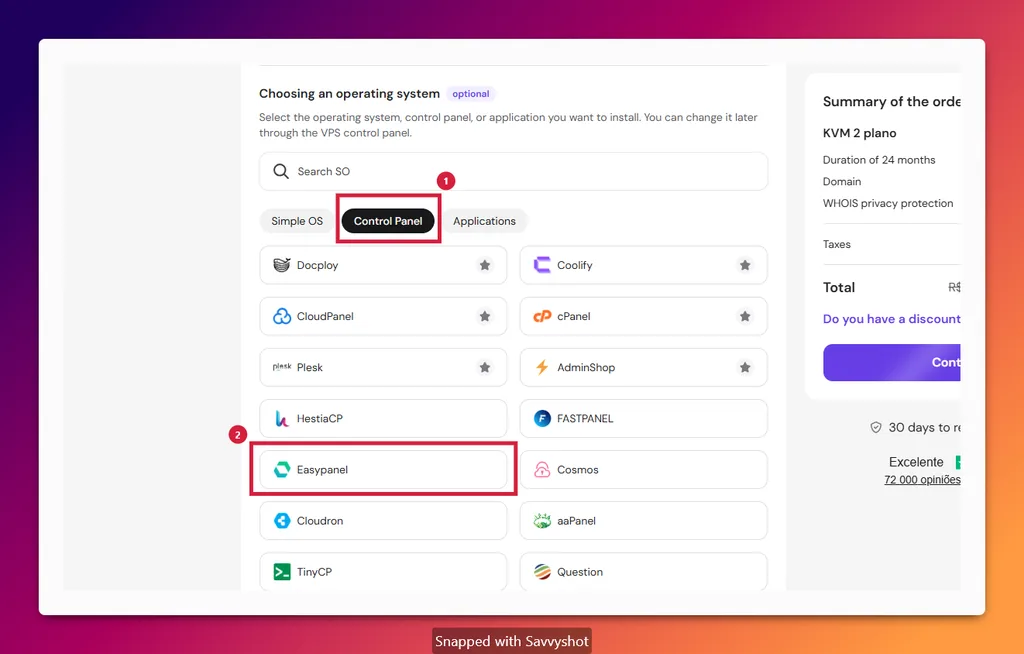 Install Typebot on a VPS by selecting EasyPanel in Hostinger